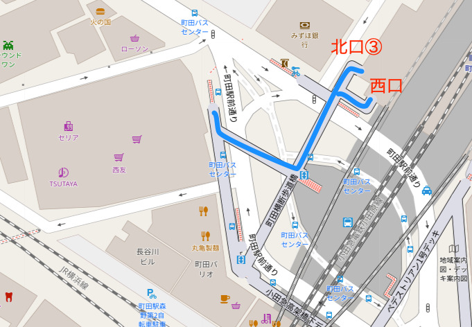 小田急線町田駅から西友町田店までの地図