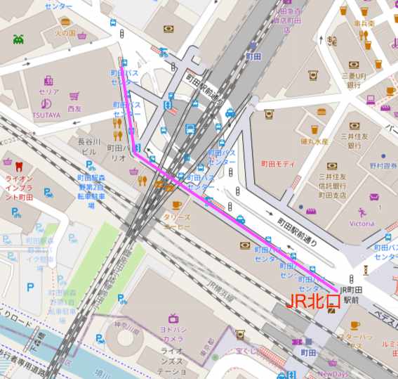 JR町田駅 北口から西友町田店までの地図